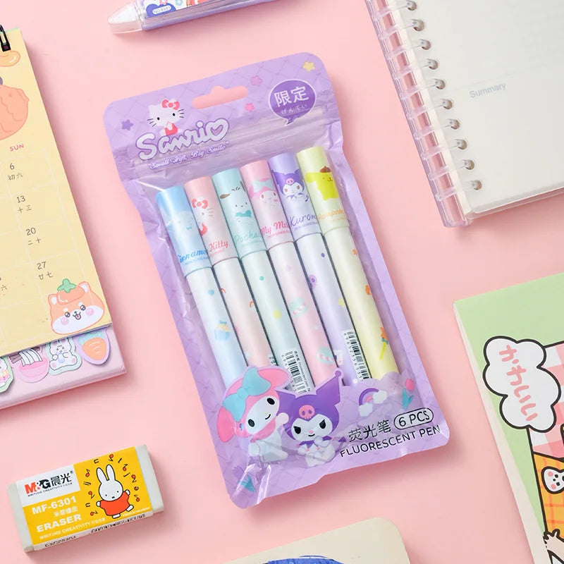 6Pcs Cute Sanrio Hello Kitty Highlighter Pen Set Back To School