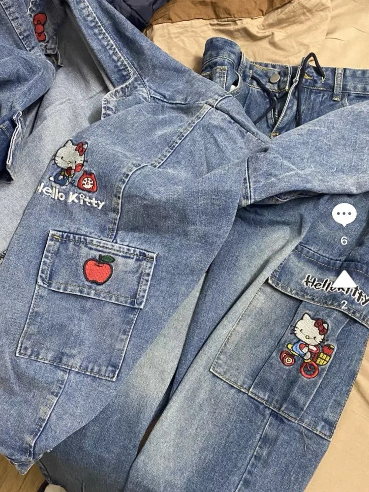 Cute Hello Kitty Y2K Style Cargo Denim Jeans